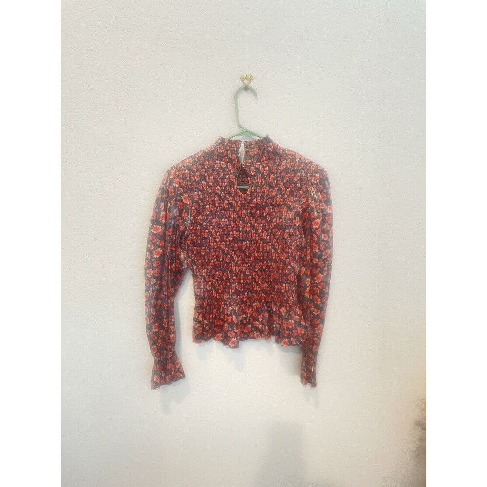 Elli White Floral Print Long Sleeve Top With High Neck and Ruffle Detail Large